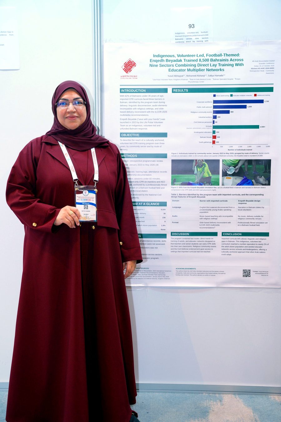 Safiya Hamada presenting the Enqedh Beyadak poster at ArRC 2026